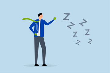 Procrastination and laziness, awake businessman drinking coffee and wearing boxing gloves to fight  lazy sleepy symbol.