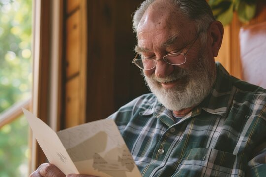 A heartwarming Father's Day moment captures a grandfather reading a handmade card with tender affection.