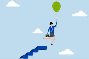 Woman leadership to overcome struggle, successful business woman flying  balloon from the top of a staircase.