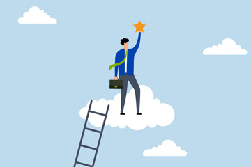 Business champion succeed to get reward, businessman climbs ladder to cloud to reach and grab a precious star. © dwara