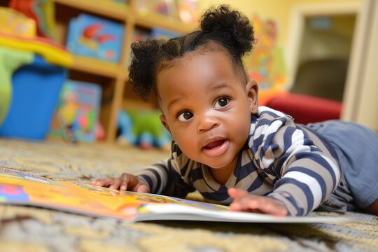 An African American infant enjoys interactive storytime with a caregiver, promoting language development and literacy. The cozy reading nook fosters exploration. Children's Day.