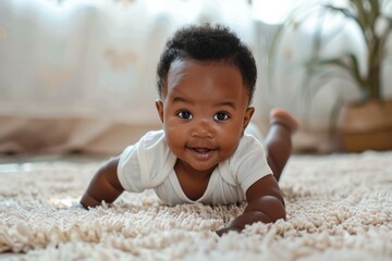 An adorable black-skinned baby, filled with curiosity, explores its surroundings while trying to crawl laying on tummy on a plush rug, reaching significant developmental milestones along the way.