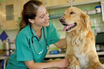 A veterinary technician or doctor comforts a pet patient during a check-up, offering a smile and soothing gestures, showcasing the compassionate and empathetic nature of the profession.