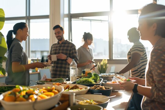 Group of men and women coworkers sharing a potluck lunch together office break time.