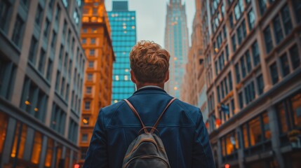 Obraz premium a workingman walking on urban city street back home after work