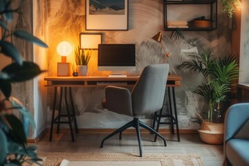 A cozy home office with a computer, desk, and plants.