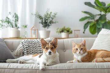 A dog and a cat sit on a couch in a living room with plants. They are looking at the camera.