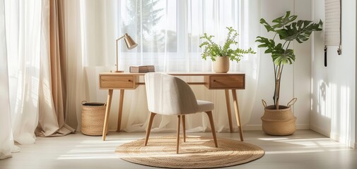 Minimalist home office with wooden desk, chair, and plants.