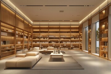 Modern library interior design with large bookshelves, comfortable sofas, and warm lighting.