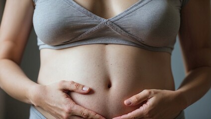 Close-up of a pregnant woman's belly, cradled by her hands, wearing a comfortable gray top, emphasizing warmth and motherhood.