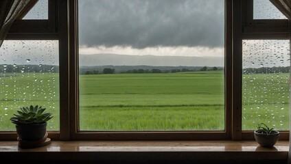 Fototapeta premium A window view of a lush green field with raindrops on the glass, under a cloudy sky, evoking a sense of tranquility and nature.