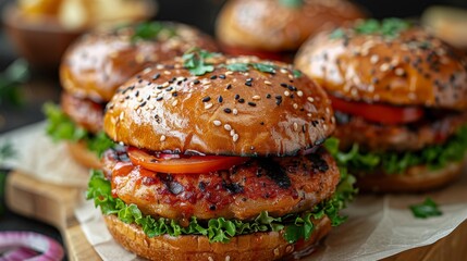 Three enticing homemade burgers with juicy patties, fresh toppings, and sesame buns