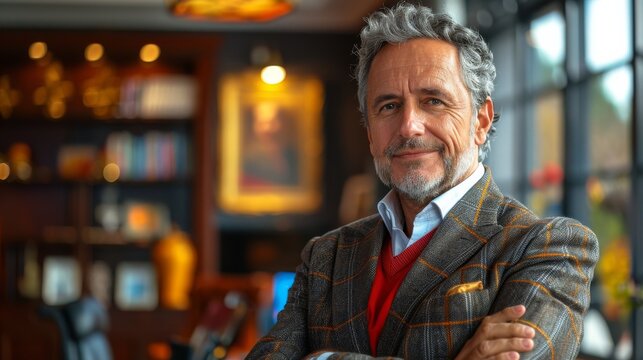 charismatically elegant portrait of a man with silver hair in a checkered suit and blue shirt standing by the window