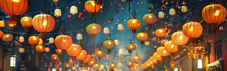 A festival celebration with colorful floating lanterns lighting up the night with bokeh in the background