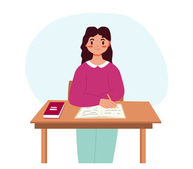 Children School. Schoolgirl Character Sitting at Desk. Student in School Classroom. Back to School Vector Illustration.