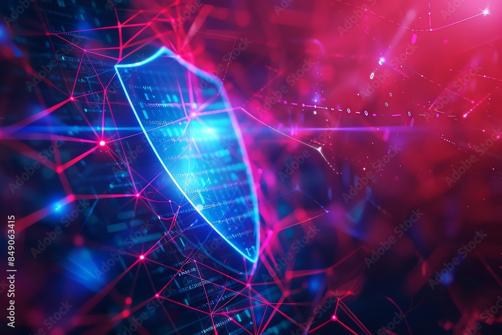 Poster futuristic digital shield representing cybersecurity and data protection, illuminated by vibrant col