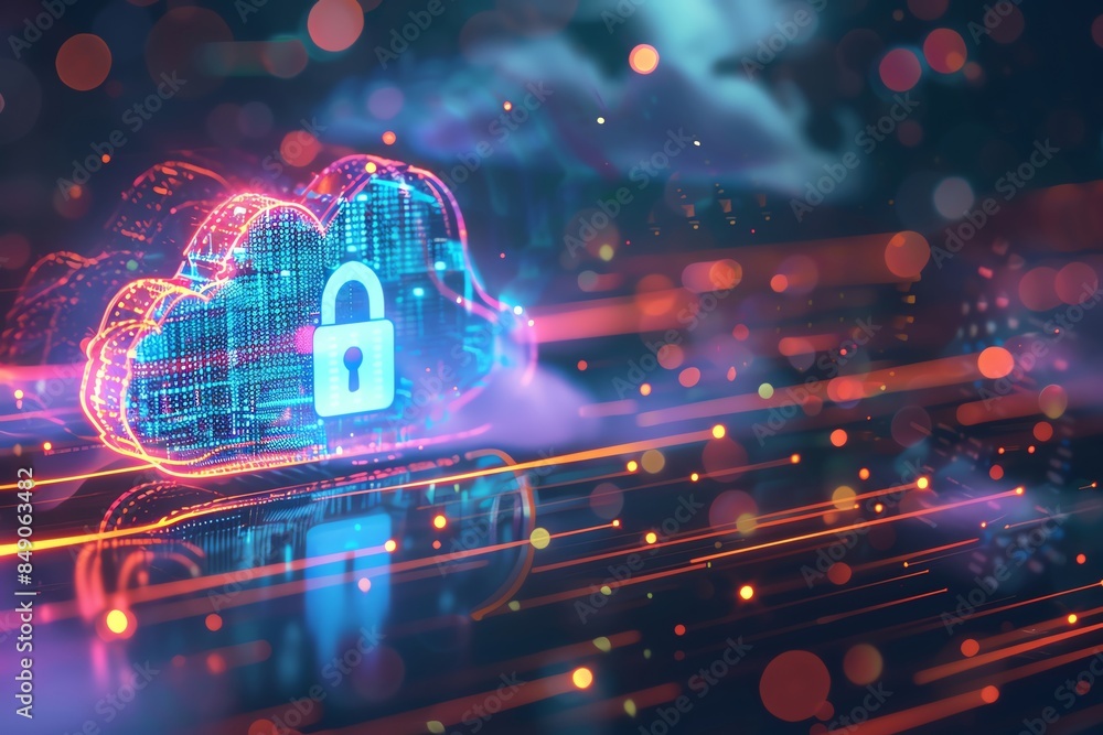 Poster futuristic cloud computing concept with a digital lock, representing cybersecurity and data protecti