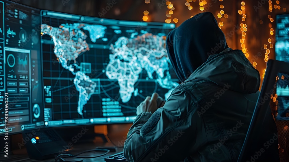 Poster hacker accessing satellite network with global map and communication lines