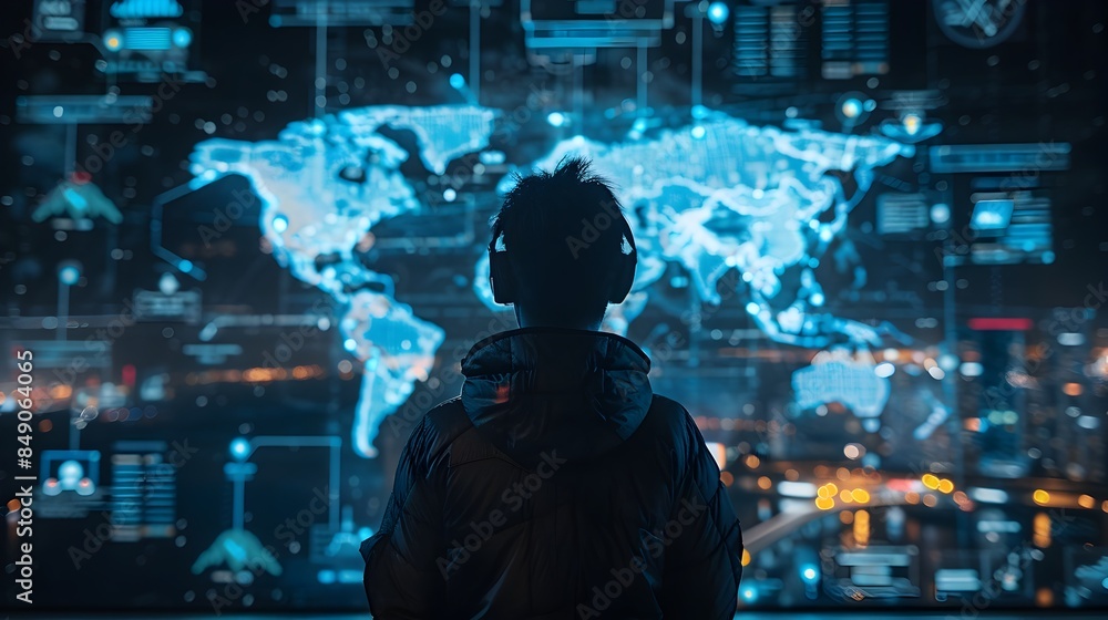 Poster hacker accessing satellite network with global map and communication lines concept