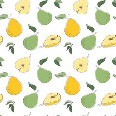 Juicy yellow and green pear fruits. Seamless pattern background. Hand drawn line vector illustration. Pattern for modern design of fabric, wallpaper, stationery, textile