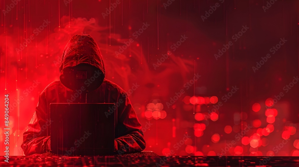 Poster ominous hacker deploying ransomware encrypted files and payment demand visible on screen capturing t