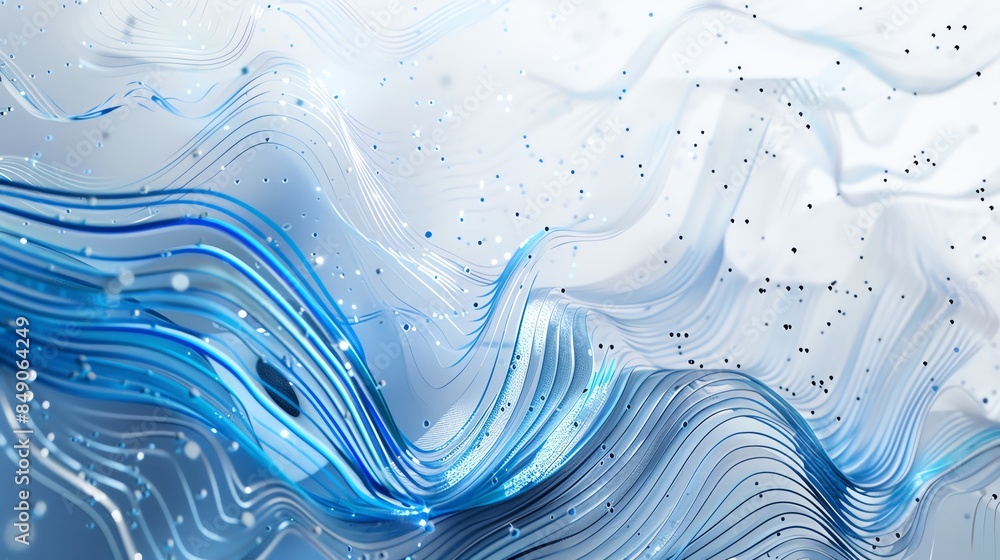 Poster abstract blue and white wavy lines with digital particles creating a fluid, dynamic, and futuristic 