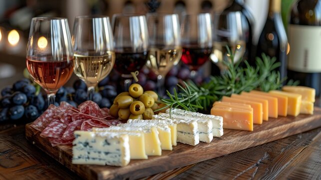 A selection of fine cheeses, olives, salami, and wine served on a rustic wooden board for a luxe dining experience