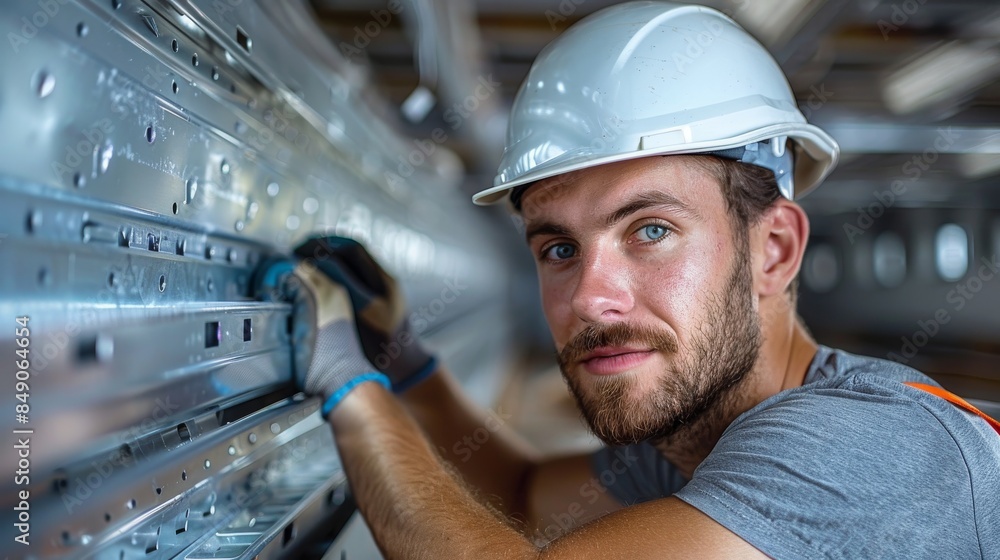 Poster concentrated man in safety helmet installing server racks in a data center with precision