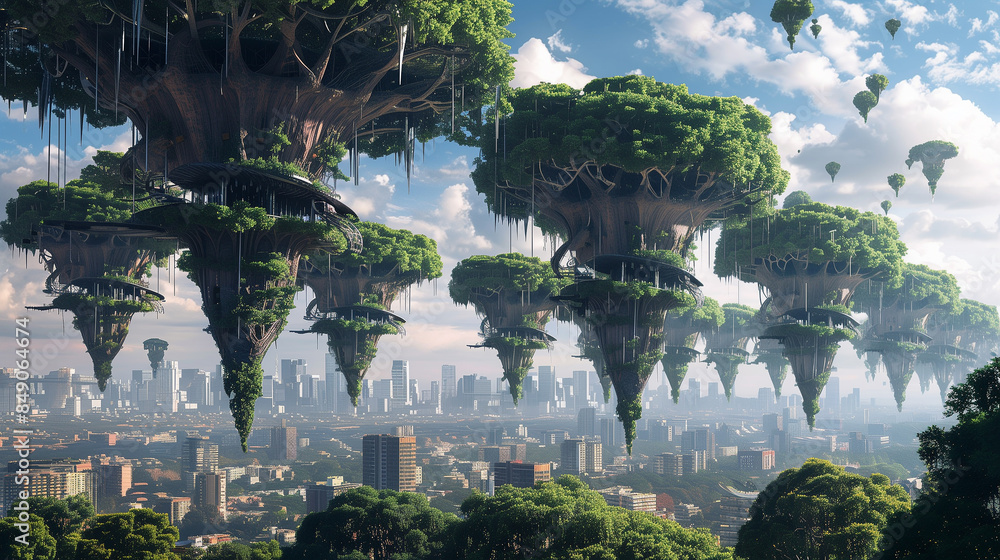 Poster a forest with trees that are shaped like bubbles. the sky is blue and there are clouds in the backgr