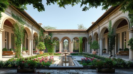 Obraz premium A large courtyard with a fountain in the middle and a lot of greenery