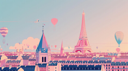 Risograph print travel poster, card, wallpaper or banner illustration, modern, isolated, clear and simple of Paris, France. Artistic, stylistic, screen printing, stencil digital duplication