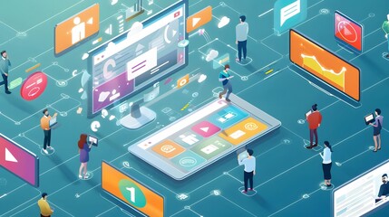 Obraz premium Illustration of Businesses are optimizing customer journeys across multiple channels, including videos, images, FAQs, news, and webinars. Ai Generate.