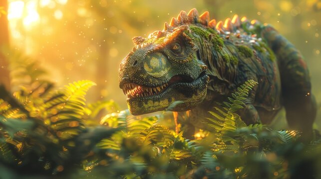 A lifelike depiction of a dinosaur amongst dense, sunlit vegetation, conveying a scene from a prehistoric era