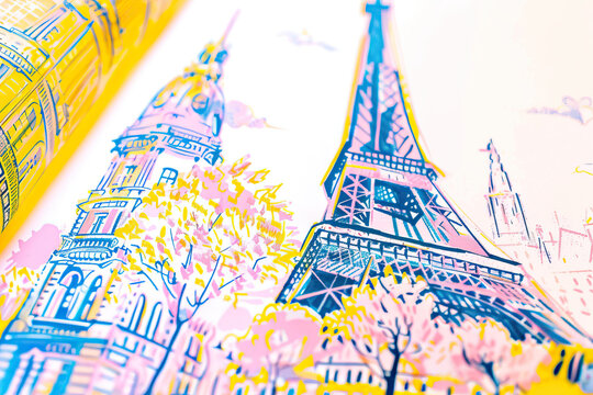 Risograph print travel poster, card, wallpaper or banner illustration, modern, isolated, clear and simple of Paris, France. Artistic, stylistic, screen printing, stencil digital duplication