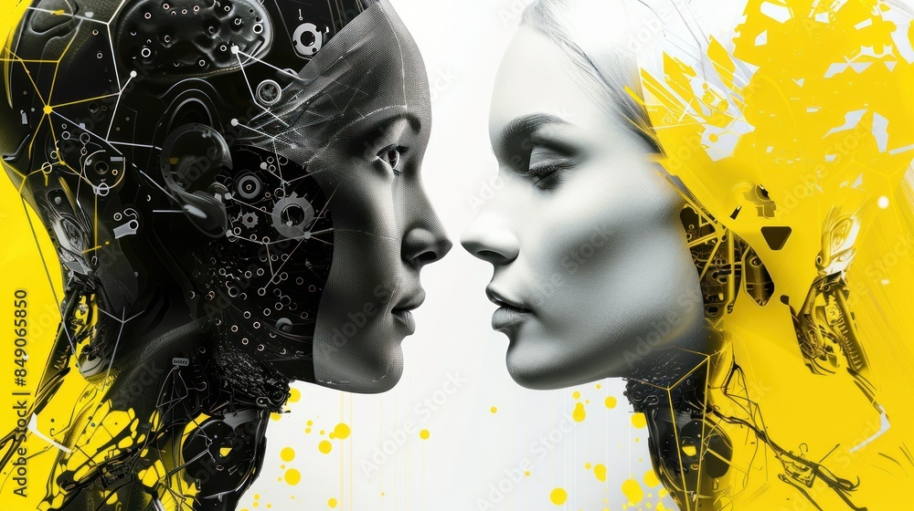 Poster abstract yellow and black robot head with patterns