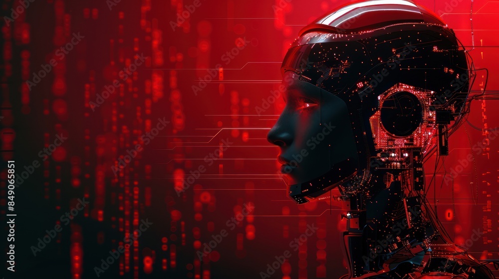 Poster digital artwork of a female robot face with red neon circuit patterns on a dark background