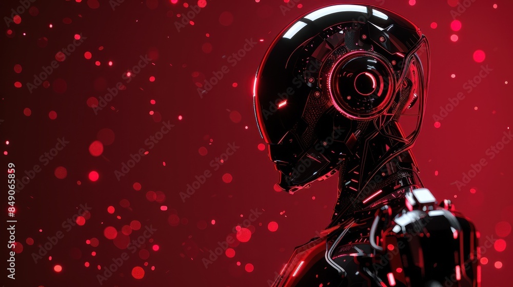 Poster sophisticated robot with circular eye in red tones