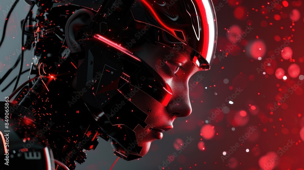 Poster digital artwork of a female robot face with red neon circuit patterns on a dark background