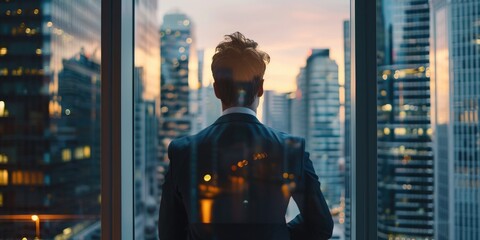 A businessman standing in a modern office and looking through the window, staring at city skyscrapers