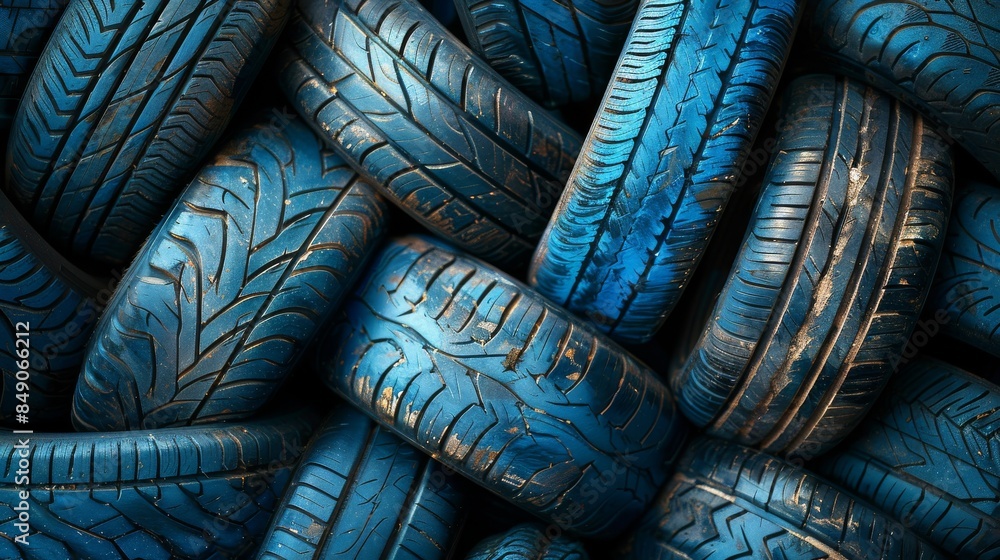 Poster pile of stacked tires with a distinct blue hue and textured tread patterns signifying durability and