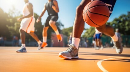 A young male basketball player dribbling the ball on an outdoor basketball court in action.
