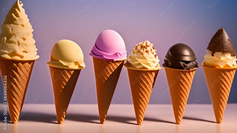 Poster six ice cream cones in a row generative ai