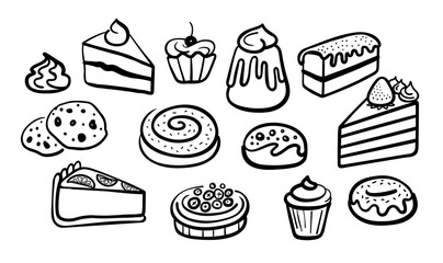 Desserts line sketches set. Black line vector hand drawn illustrations isolated on white background.