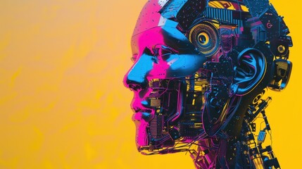 Colorful robotic face profile on yellow