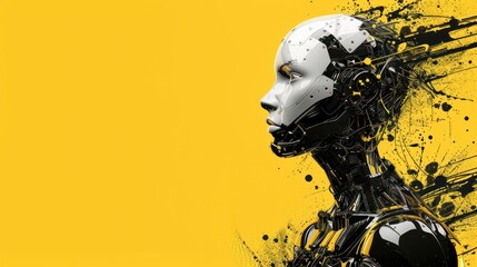 Robot head with ink splatter on yellow