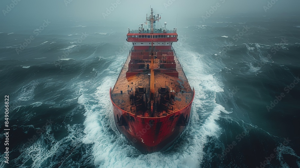 Poster aerial view of a red cargo ship with deck structures facing large waves on a stormy sea, conveying a