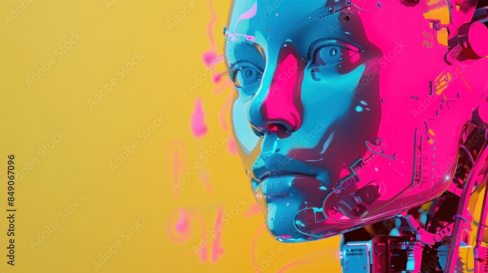 Poster robot head obscured by colorful gradient
