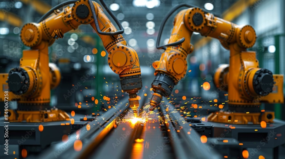Poster two industrial robots performing welding operations on an assembly line with vibrant sparks