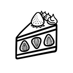 Strawberry cake triangle slice line sketch. Black line vector hand drawn illustration isolated on white background.
