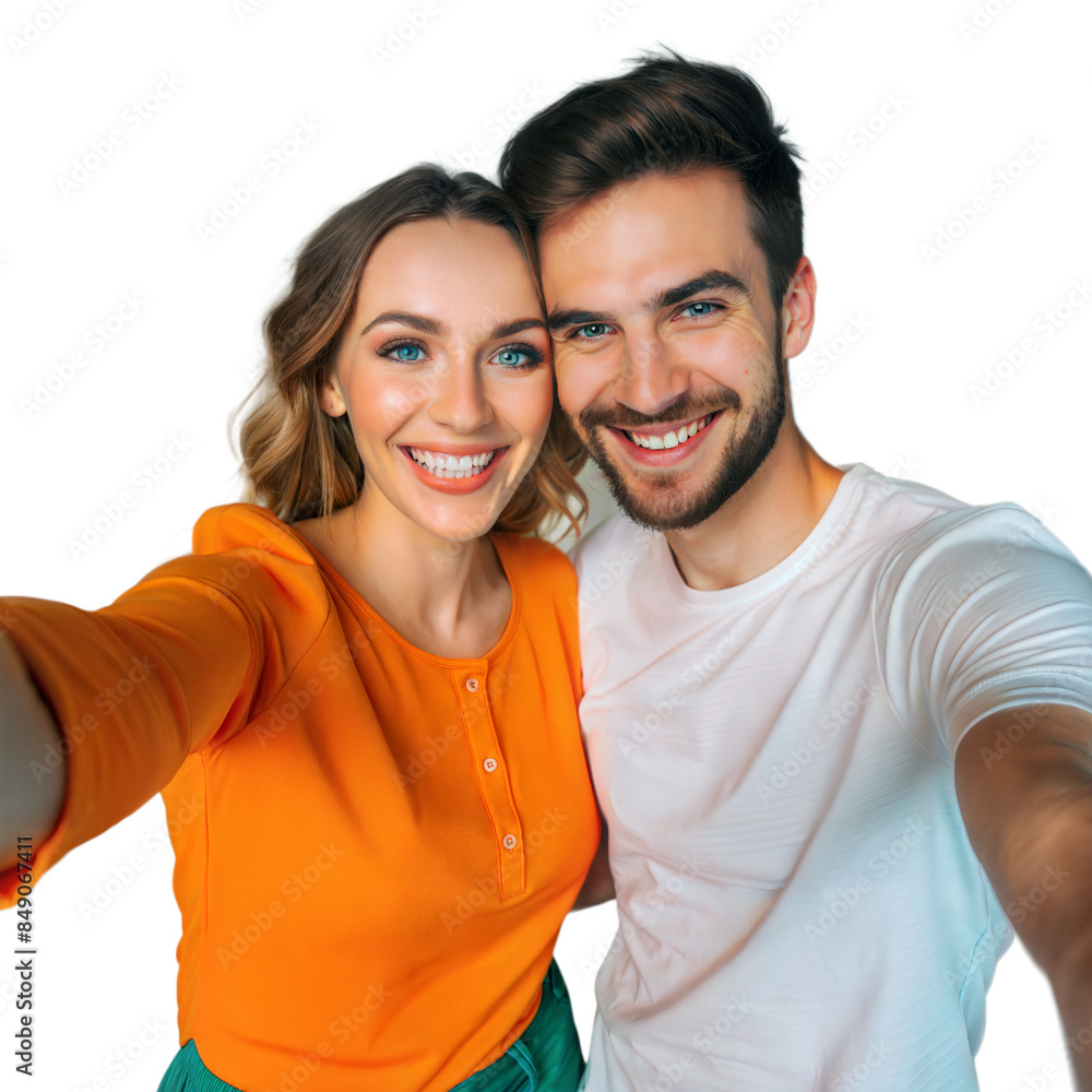 Poster Happy couple taking selfie on transparent background